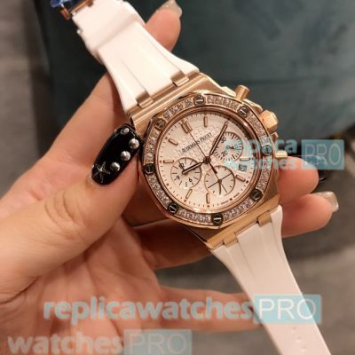 Replica Audemars Piguet Royal Oak Offshore Diamond Bezel White Rubber Strap Ladies Watch 